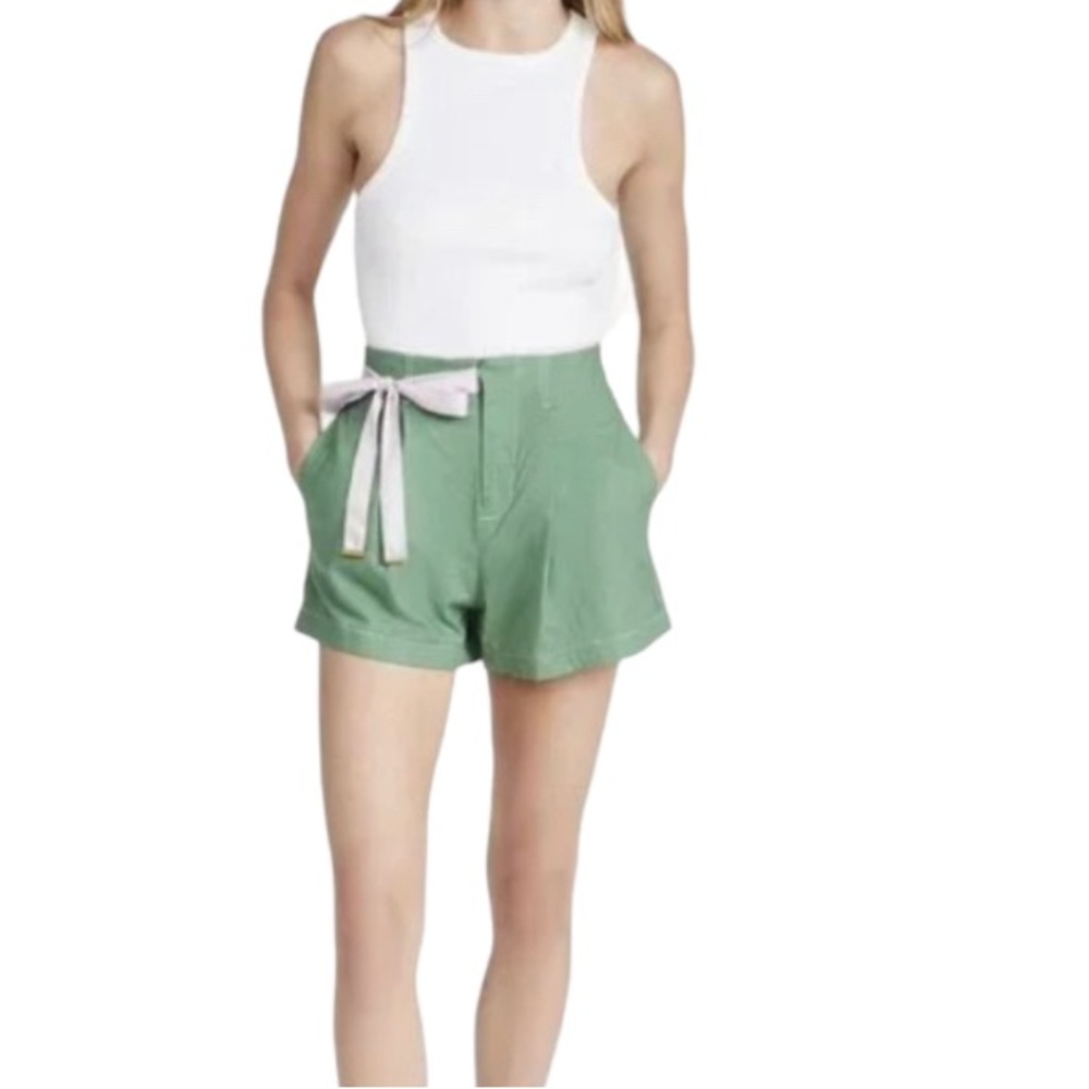 NWT Tanya Taylor Noa Linen Blend Shorts Aloe Green Pink Grosgrain Bow